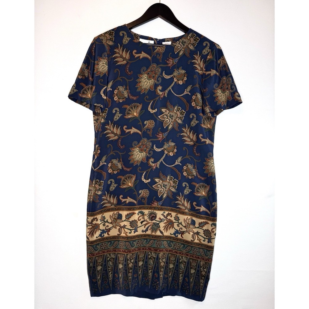 Liz Claiborne 100% Silk Blue Tan Floral Print Shift Dress Size 6 Fully Lined